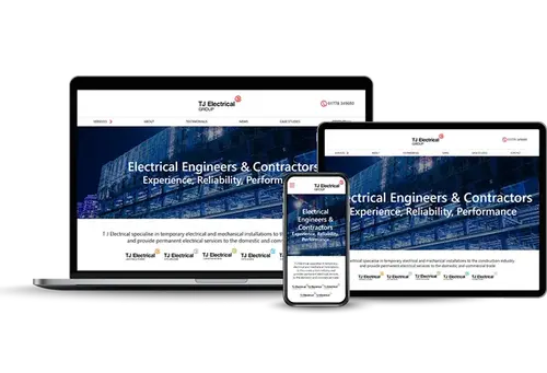 Responsive web design for an electrical engineering firm, showcasing clear typography, mobile-friendly layout, and streamlined navigation across all devices.