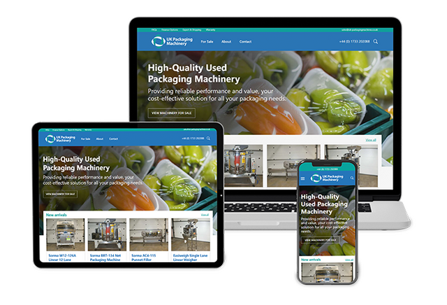 Responsive website design for UK Packaging Machinery, shown on desktop, tablet, and smartphone devices. The layout showcases product listings, high-resolution images, and clear navigation, optimised for mobile-friendly browsing of used packaging equipment