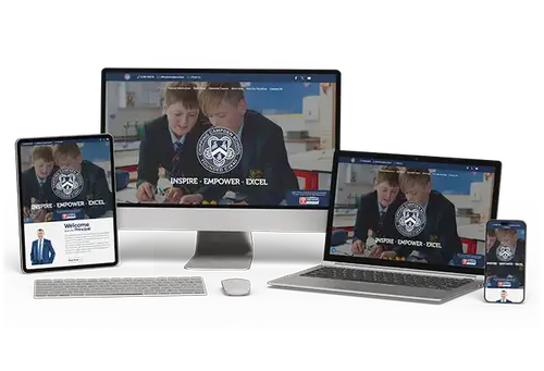Responsive school website design displayed on desktop, tablet, laptop, and mobile, highlighting consistent branding and cross-device compatibility.