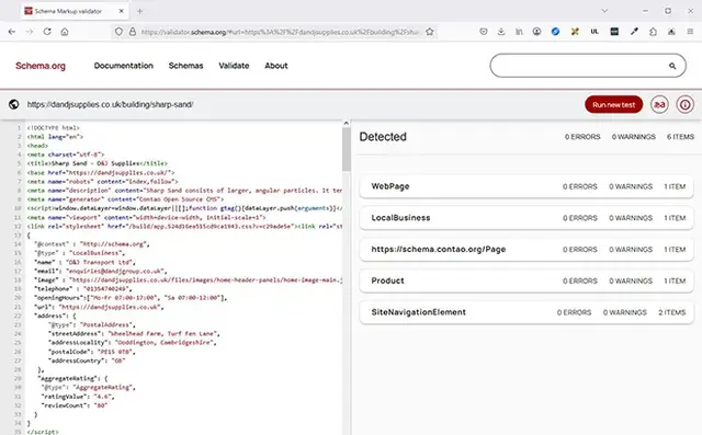 Screenshot of the Schema.org Markup Validator showing successful validation of structured data on the D&J Supplies website. The left panel displays JSON-LD schema code for a local business, and the right panel shows detected schema types including WebPage