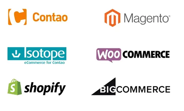 Logos of popular ecommerce platforms including Shopify, Magento, WooCommerce, BigCommerce, Contao, and Isotope, representing supported CMS options for ecommerce SEO services.