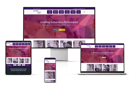 Corporate website design with a professional, responsive layout displayed across desktop, tablet, and mobile devices, focused on performance and UX.