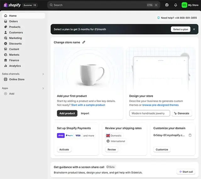 Screenshot of the Shopify dashboard showing initial store setup options, including product upload, store design, Shopify Payments, and domain customisation tools.