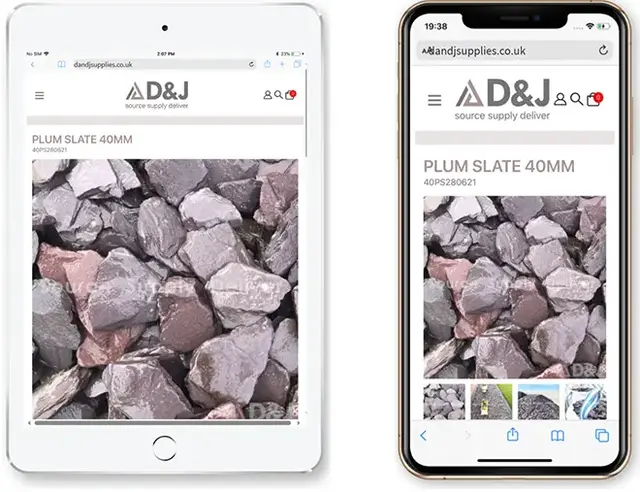 Side-by-side view of the product page for Plum Slate 40mm displayed on a tablet and smartphone, showcasing a responsive ecommerce design with consistent branding, clear imagery, and optimised layout across devices.