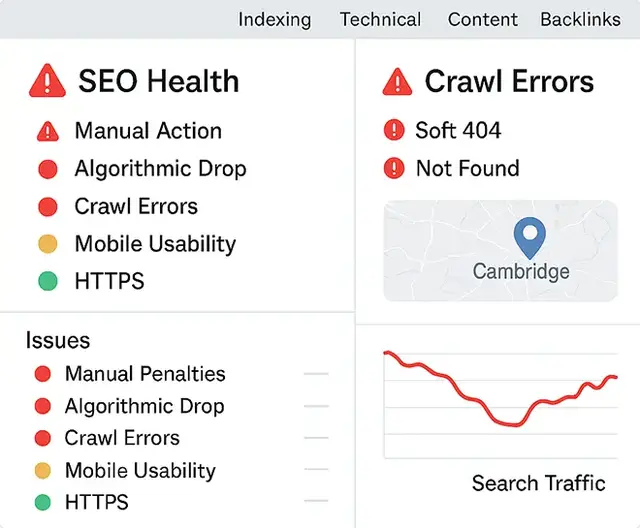 Dashboard-style SEO penalty recovery interface showing site health issues like manual actions, algorithmic drops, crawl errors, and mobile usability problems, with a search traffic graph and Cambridge map pinpoint, all displayed on a white background.
