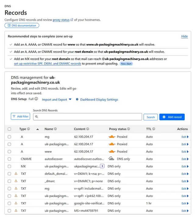 DNS management panel displaying A, MX, CNAME, and TXT records, including proxy status, TTL settings, and email authentication protocols-illustrating domain registration, DNS configuration, and security setup as part of comprehensive hosting and domain ser