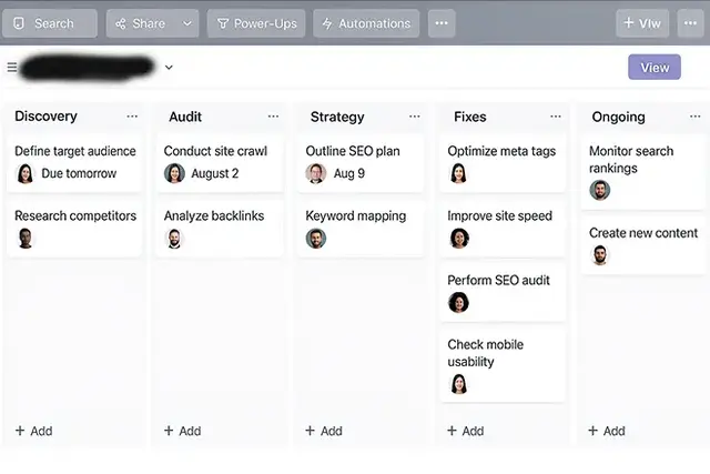 A project management dashboard for ecommerce SEO showing columns labelled Discovery, Audit, Strategy, Fixes, Testing, and Ongoing, with individual task cards under each column. The interface resembles tools like Trello or Asana, visually representing a st