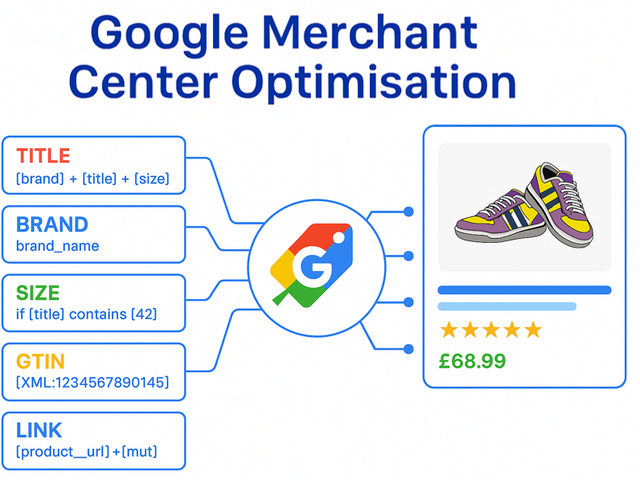 Illustration showing Google Shopping feed optimisation for a pair of shoes, with key product attributes including title, brand, size, GTIN, and link. Each data field is connected to a central Google Shopping icon, which in turn links to a product ad card