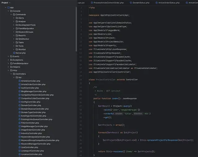 Screenshot of a Laravel-based PHP project opened in a code editor, displaying the folder structure on the left and the ProjectController.php file on the right. The code defines a controller that retrieves and returns project data with relationships