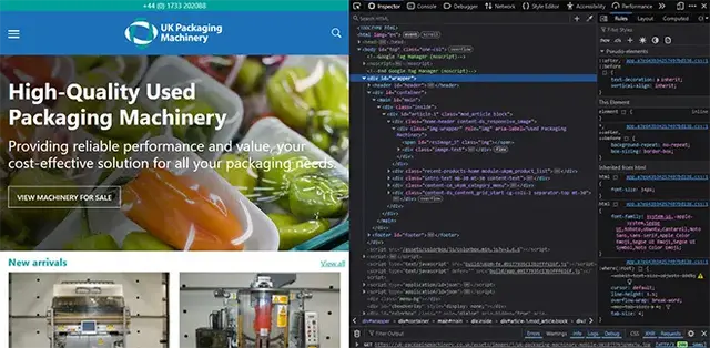 Side-by-side view of a packaging machinery website and browser developer tools. The left side shows a responsive homepage featuring a product banner and call-to-action, while the right side displays the HTML structure and CSS rules
