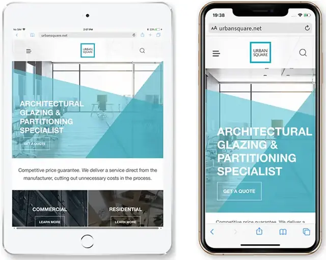 Responsive website design example of urbansquare.net displayed on a tablet and smartphone, showcasing a consistent mobile-optimised layout for an architectural glazing and partitioning specialist, with adaptive text, fluid images, and accessible call-to-a