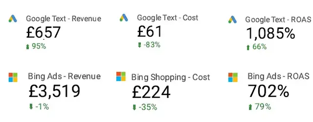 Dashboard showing Google and Bing Ads performance metrics including revenue, cost, and ROAS with percentage changes.