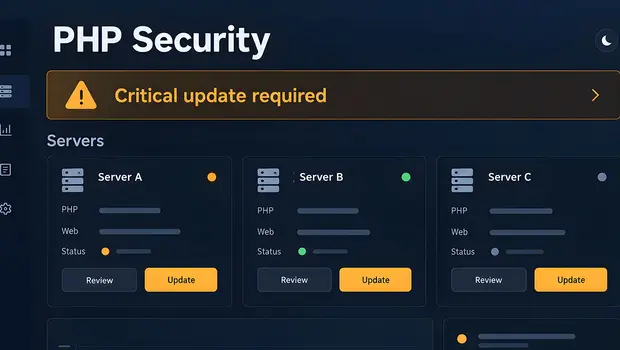 Doublespark's PHP security dashboard highlighting a critical security update, with the headline "Locked Down: Our Server Security Upgrade" illustrating enhanced website hosting security.
