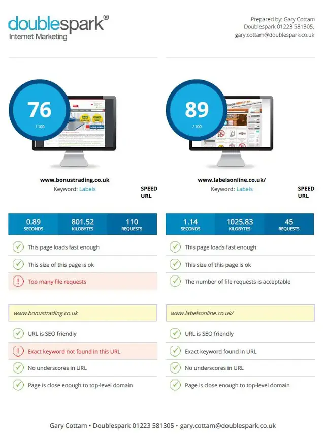 Comparison of two website performance reports showing page speed scores, load times, page sizes, request counts, and SEO checks with tick and warning indicators