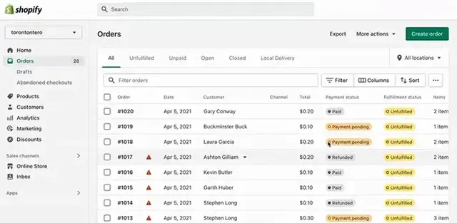 Shopify admin dashboard displaying order management interface, showcasing ecommerce features such as order fulfilment, payment status, and customer details. Ideal for demonstrating Shopify store backend, ecommerce workflows, and SEO-ready platform
