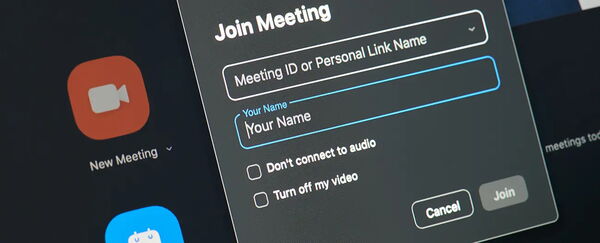 Screenshot of a Zoom "Join Meeting" window prompting for meeting ID or personal link name, user's name, and options for audio and video settings.