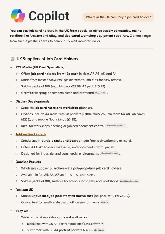 Screenshot of a Bing Copilot AI answer to “Where in the UK can I buy a job card holder?”