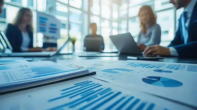 Close-up of printed analytics charts on a conference table with a blurred team of professionals discussing SEO strategy in the background.