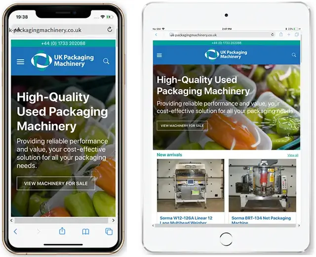 A responsive design test showing UK Packaging Machinery’s website on iPhone, iPad, and desktop views using Chrome DevTools