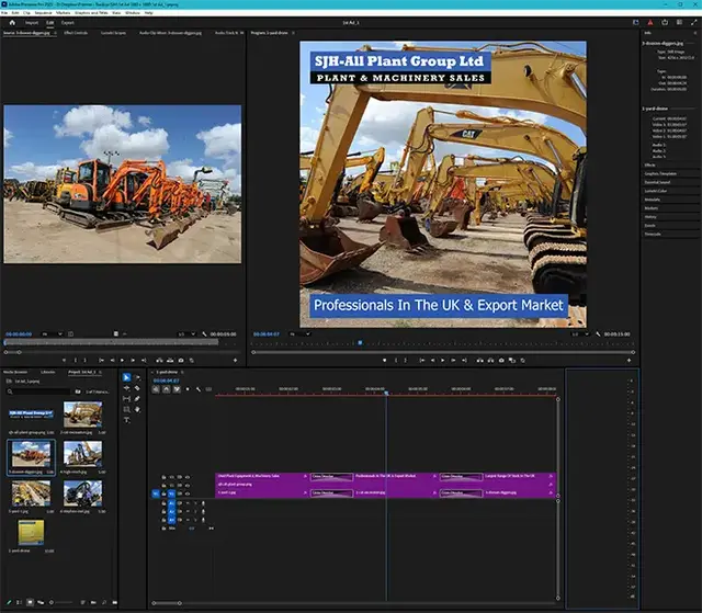 Screenshot of Adobe Premiere Pro showing the editing timeline and preview panels used to create Google Display ads for SJH-All Plant Group Ltd, featuring excavator imagery and branding for plant and machinery sales in the UK and export market.