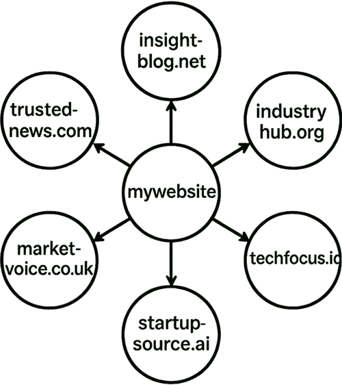 Network diagram illustrating off-page SEO, with a central circle labeled "mywebsite" connected to six surrounding sites: trustednews.com, insightblog.net, industryhub.org, techfocus.io, marketvoice.co.uk, and startupsource.ai. Each represents a backlink s