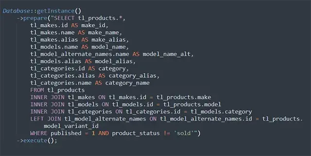 Screenshot of a PHP script preparing a complex SQL query with multiple JOIN statements. The query retrieves product, make, model, and category data from several related tables, filtering results to show only published products that are not marked as sold—