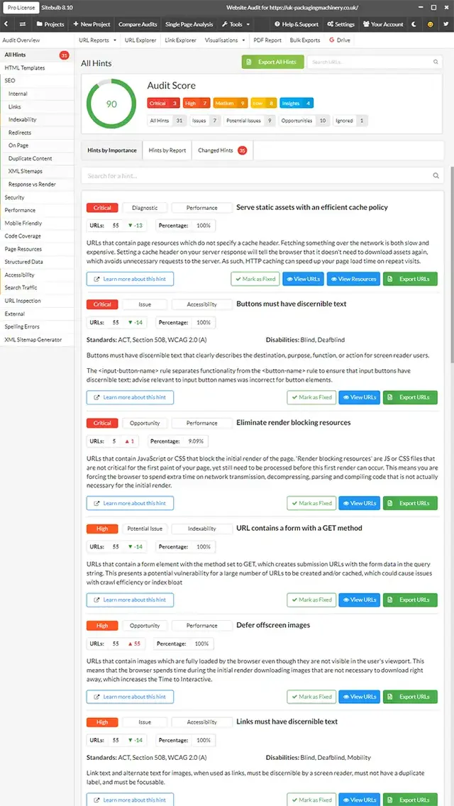 Sitebulb website audit screenshot for uk-packagingmachinery.co.uk showing an audit score of 90, with 3 critical issues including caching policy, button accessibility, and render blocking resources, plus high-level warnings for offscreen images, indexabili