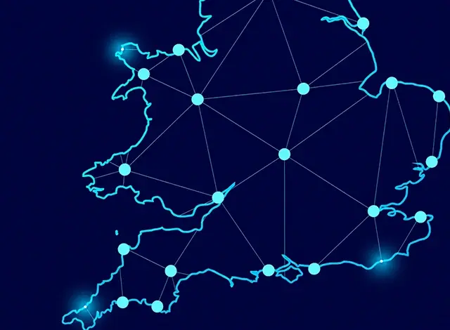 Stylised digital map of England and Wales with glowing nodes and connecting lines, Used as a background to highlight the locations of Doublespark Internet Marketin's three offices in Cambridgeshire.