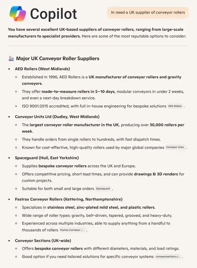 Screenshot of a Bing Copilot answer to “In need a UK supplier of conveyor rollers”.