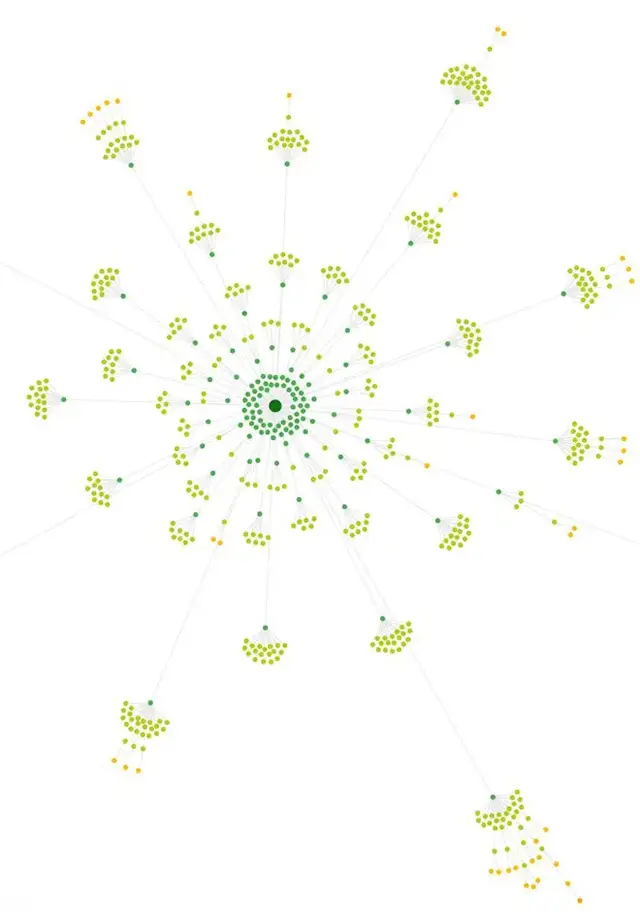 Visual crawl map generated by Sitebulb, displaying the internal link structure of a website in a radial layout. The central node represents the homepage, with multiple layers of interconnected nodes branching outward to illustrate URL depth and site hiera