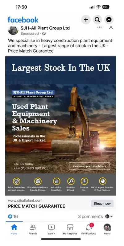 Facebook ad promoting used plant equipment and machinery sales in the UK, featuring a large excavator, price match guarantee, and key selling points such as stock availability and export services.