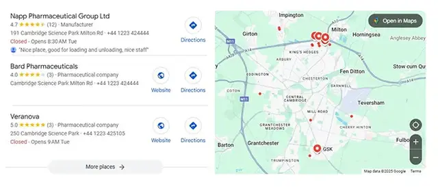 Google Maps search result showing pharmaceutical companies near Cambridge Science Park, including Napp Pharmaceutical Group Ltd, Bard Pharmaceuticals, and Veranova. Map view on the right displays their locations around Milton and central Cambridge.