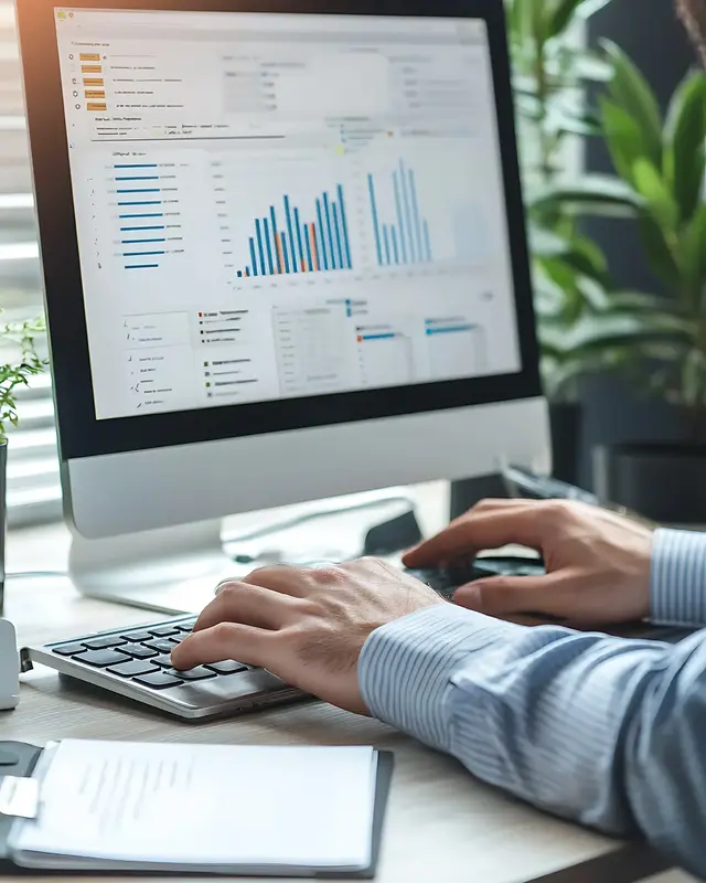 Marketer analysing PPC campaign performance on a desktop analytics dashboard in a modern office environment.