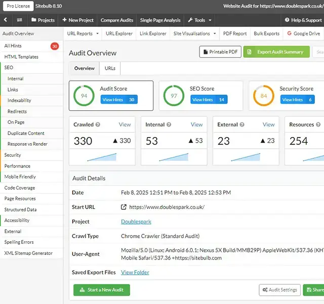 Sitebulb audit interface showing audit, SEO, security, and performance scores for a client website, with crawl data and export options
