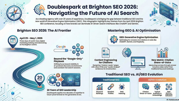 Infographic showing Doublespark’s approach to AI search at BrightonSEO 2026, covering GEO, citation share-of-voice, content engineering, RAG pipelines, and the shift from traditional SEO to answer engines.