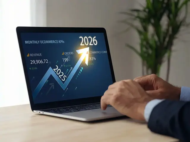 A person viewing a laptop showing rising eCommerce performance metrics with an upward trend line projecting growth into 2025 and 2026.