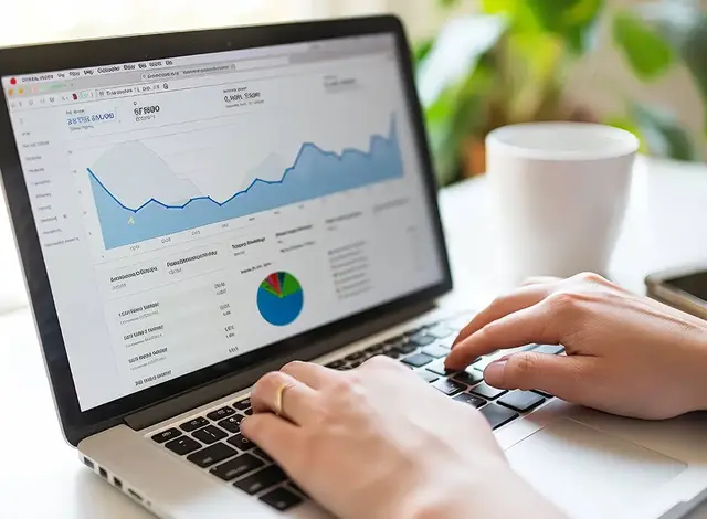 Hands typing on a laptop displaying a digital analytics dashboard with charts, graphs, and performance metrics.