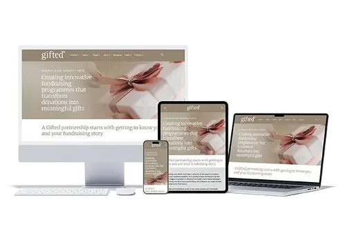 Elegant responsive web design for a fundraising consultancy, shown on desktop, tablet, and mobile to highlight cross-platform usability and minimalist UX.