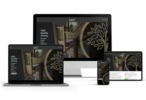 Bespoke joinery website with responsive design, showcasing dark-themed UI and branding consistency across desktop, tablet, and mobile devices.