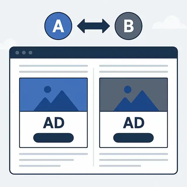 Illustration representing split-testing and ad optimisation, showing two web page variants labelled A and B with visual elements like a pie chart, checkmark, and bar graph, symbolising creative rotation and performance tracking in digital display marketin