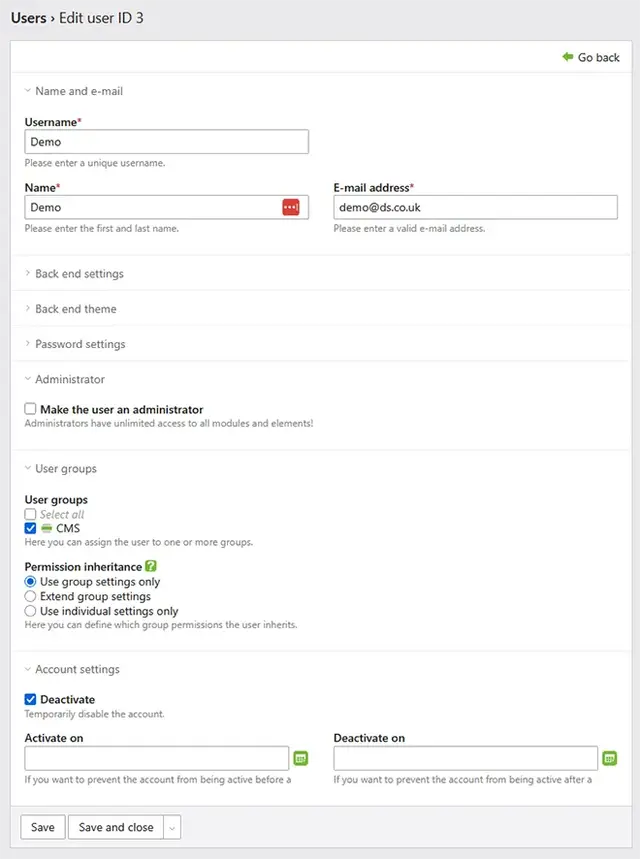 Screenshot of a custom web application user management panel showing editable fields for username, email, permissions, user groups, and account activation settings.