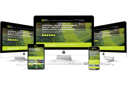 Responsive website design for Artificial Grass Maintenance displayed across desktop, laptop, tablet, and smartphone screens. The site features bold branding and clear navigation, optimised for showcasing services in sports surface installation and artific