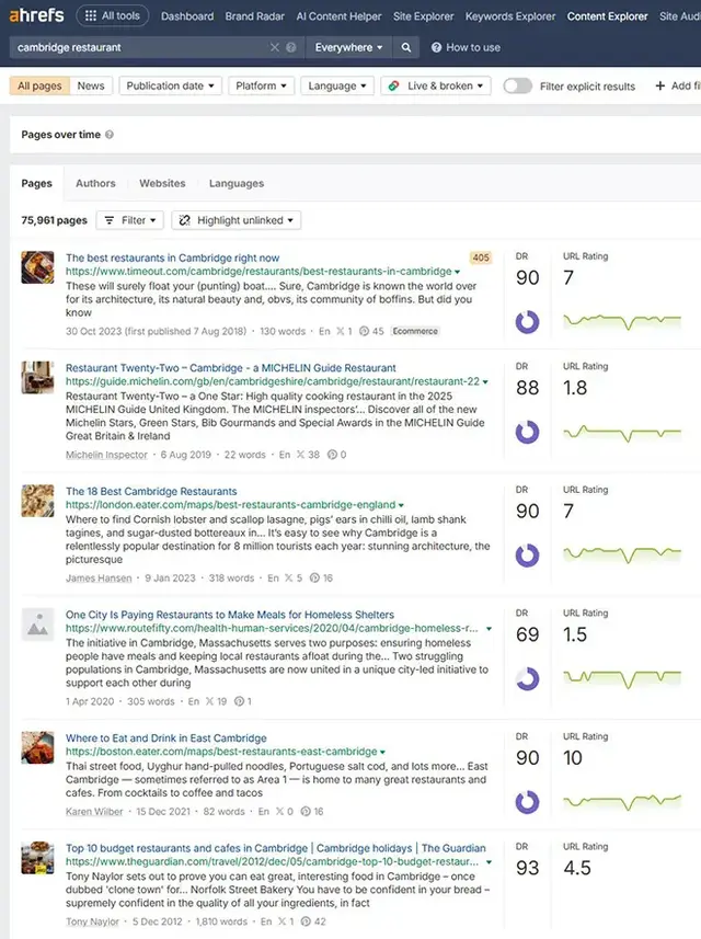 Screenshot of the Ahrefs Content Explorer showing search results for the term “cambridge restaurant,” including a list of articles with metrics such as Domain Rating (DR), URL Rating, word count, and publication dates. Examples include TimeOut, MICHELIN G