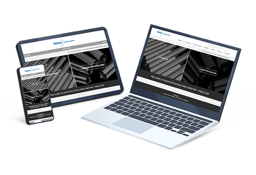 Responsive website design for a conveyor rollers and components manufacturer, displayed across laptop, tablet, and smartphone devices. The site showcases industrial product categories with a clean, professional interface optimised for mobile and desktop u