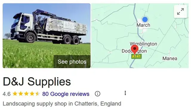 Google Business Profile listing for D&J Supplies, a landscaping supply shop in Chatteris, England, showing a 4.6-star rating from 80 Google reviews, a photo of a branded delivery truck, and a map with a pin near Doddington on the A141