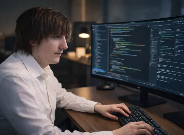 Jamie, Senior Web developer at Doublespark, working on a PC with dark-theme coding window visible on a large monitor setup.