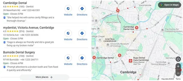 Google local map pack screenshot showing dental practices with reviews, ratings, and business details - highlighting how local SEO services improve visibility in location-based search results through Google Business Profile optimisation.