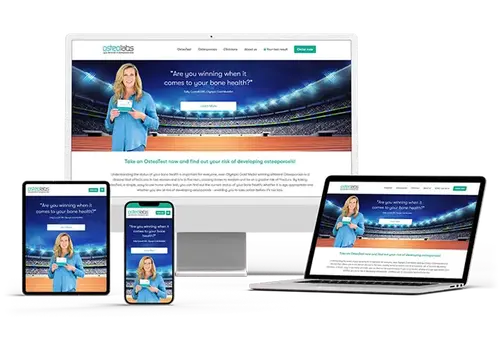 Mobile-optimised medical website design for a bone health testing brand, featuring clear CTAs, accessible layout, and consistent design across all devices.