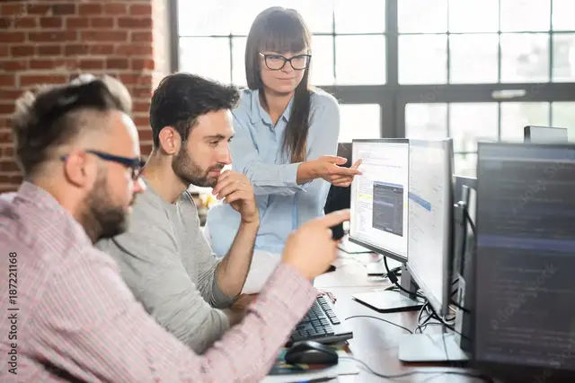 Digital marketing team reviewing Google Ads data and optimising PPC campaigns on multiple monitors, illustrating collaborative paid search management in a professional office setting.