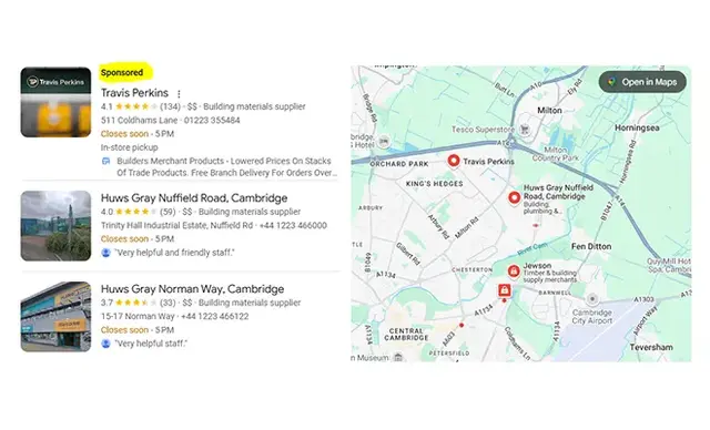 Google Map Pack showing a sponsored Google Ads listing for a building materials supplier in Cambridge, demonstrating paid local search visibility through Google Business Profile optimisation and PPC location targeting.